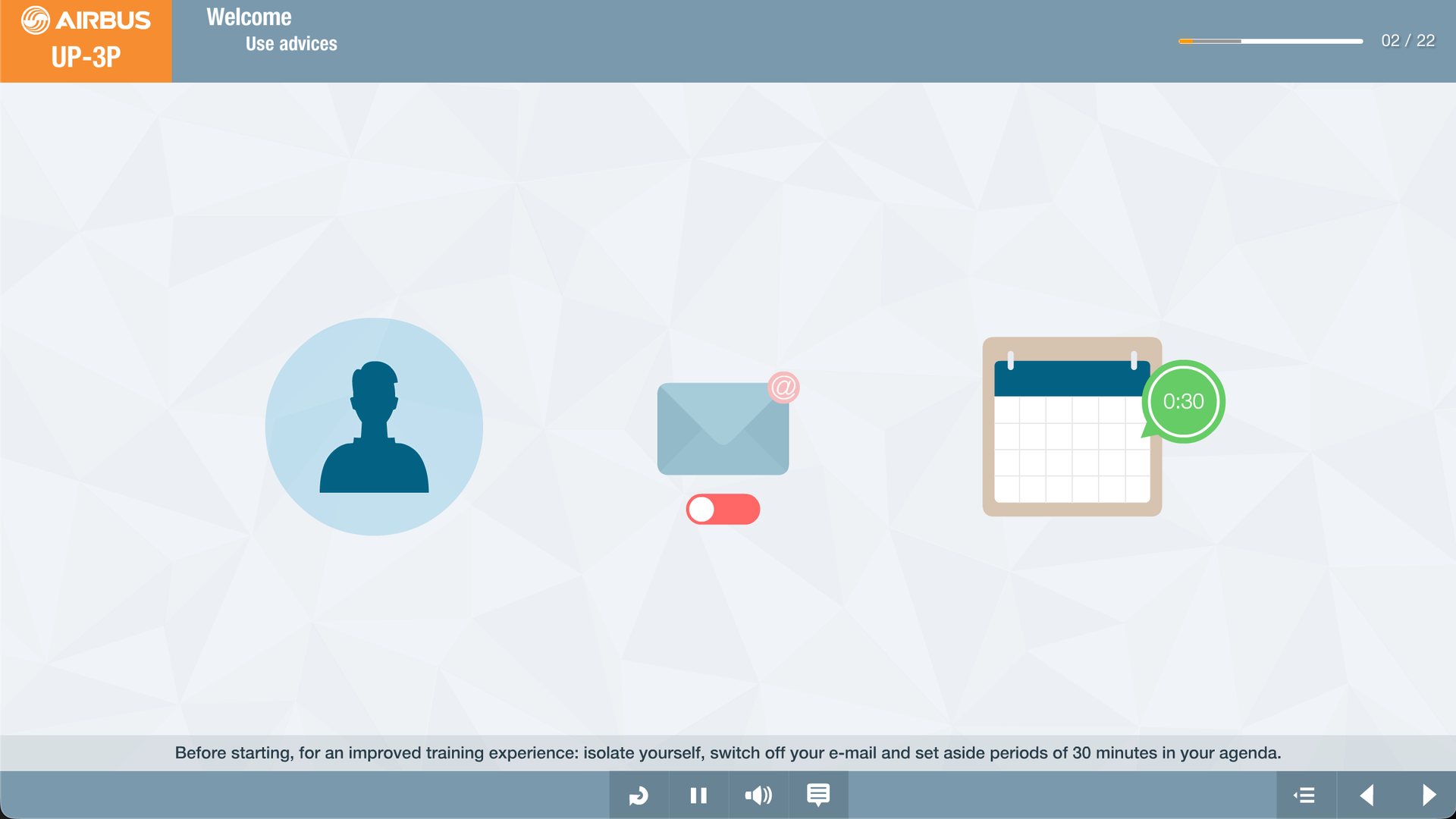 Original screen: three illustrated tips: isolate yourself, switch off your e-mail, book 30 minutes