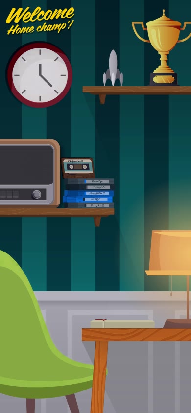 Écrans d’une application mobile au style rétro illustré : un salon, une liste de succès et des cassettes audio pour choisir une mission