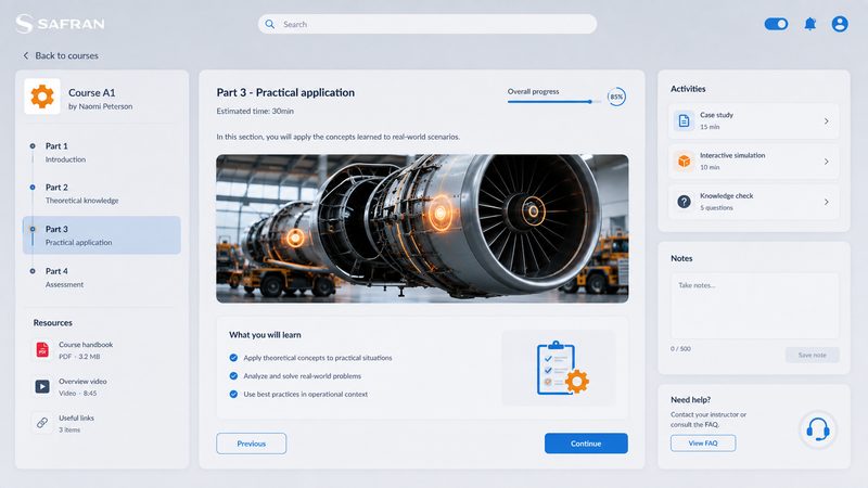Page de cours du prototype avec une photo de réacteur, la progression et les activités