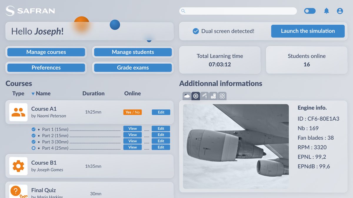 Tableau de bord formateur du prototype : cours, apprenants en ligne et informations moteur